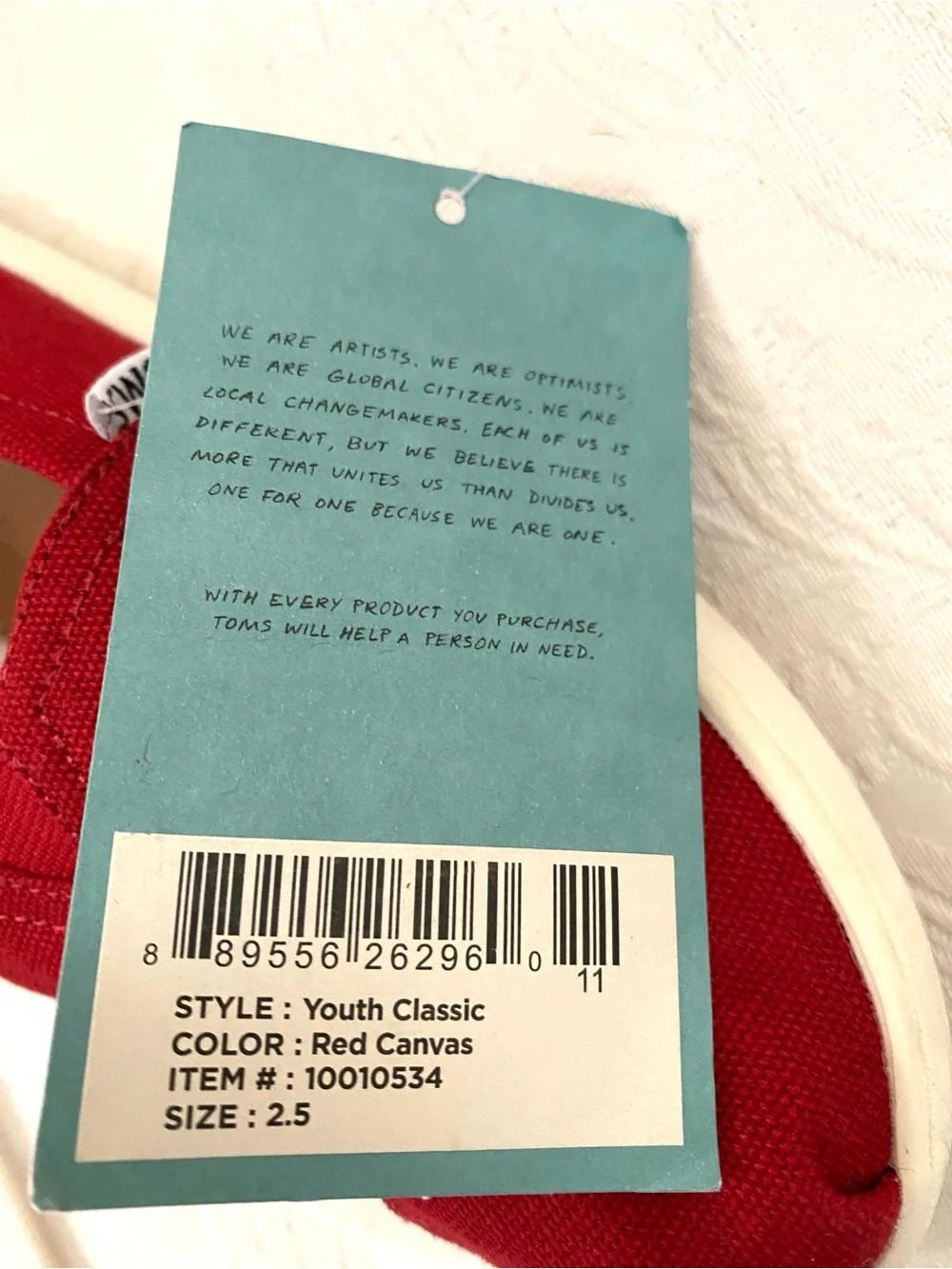 Toms Kids Red Canvas Slip-On Moccasins Size 2.5 Youth Classic New